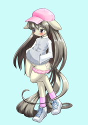 Size: 2039x2894 | Tagged: safe, artist:unousaya, octavia melody, anthro, bipedal, blue background, blushing, clothes, female, floppy ears, garter, hat, jacket, lace, mare, shoes, simple background, sneakers, socks, solo, sweater, teal background