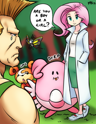 Size: 1041x1347 | Tagged: safe, artist:megasweet, color edit, colorist:ironhades, edit, fluttershy, human, beautifly, blissey, capcom, colored, crossover, guile, humanized, pokémon, pokémon black and white, professor juniper, street fighter, teddiursa