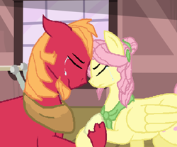 Size: 674x558 | Tagged: safe, artist:marbowsta, big macintosh, fluttershy, pegasus, pony, alternate hairstyle, beard, crying, eyes closed, facial hair, female, floppy ears, fluttermac, holding hooves, male, nose to nose, older, shipping, straight