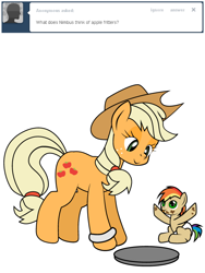 Size: 600x800 | Tagged: safe, artist:dekomaru, applejack, oc, oc:nimbus, earth pony, pony, ask, baby, baby pony, colt, female, magical lesbian spawn, male, mother and child, mother and son, offspring, parent and child, parent:applejack, parent:rainbow dash, parents:appledash, tumblr, tumblr:ask twixie