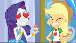 Size: 1898x1080 | Tagged: safe, screencap, applejack, rarity, better together, equestria girls, super squad goals, cupcake, female, food, geode of shielding, geode of super strength, heart eyes, smiling, wingding eyes