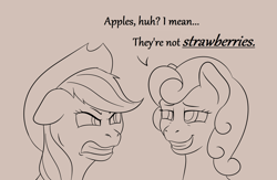 Size: 3553x2321 | Tagged: safe, artist:nudeknightart, applejack, strawberry sunrise, earth pony, pegasus, pony, troll, brown background, dialogue, female, grin, mare, monochrome, scowl, simple background, smiling, smug, strawberry savage