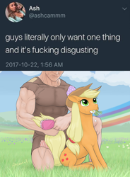 Size: 680x922 | Tagged: safe, artist:arareroll, edit, applejack, earth pony, human, pony, brush, brushie, clothes, cowboy hat, cute, eating, field, flower, flower in mouth, funny, funny as hell, grass, grazing, guys literally only want one thing and its fucking disgusting, hat, horses doing horse things, implied rainbow dash, jackabetes, kneeling, manly guys doing manly things, meme, meta, mouth hold, muscles, nom, rainbow, shirt, sitting, stetson, tail, tail pull, take that, twitter, vulgar