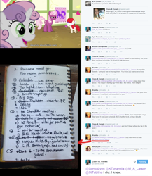 Size: 1500x1729 | Tagged: safe, screencap, cheerilee, sweetie belle, twist, human, caption, claire corlett, irl, irl human, m.a. larson, meme, meta, michael dangerfield, photo, tabitha st. germain, twitter, youtube caption