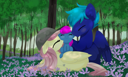 Size: 2560x1540 | Tagged: safe, artist:xsidera, fluttershy, oc, oc:guardian angel, oc:realfeeler, pegasus, pony, baseball cap, blushing, canon x oc, cap, cuddling, female, flower, flower field, foal, grass, hat, male, offspring, parent:fluttershy, parent:realfeeler, parents:realshy, realshy, shipping, sky, straight, tree, wings, wood