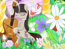 Size: 1400x1050 | Tagged: safe, artist:kumikoponylk, octavia melody, bird, earth pony, pony, bow, cello, flower, grass, musical instrument, wall