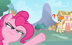 Size: 1200x750 | Tagged: safe, artist:pizzamovies, pinkie pie, oc, oc:pizzamovies, earth pony, pony, barrel, confused, female, male, mare, pointing, ponyville, question mark