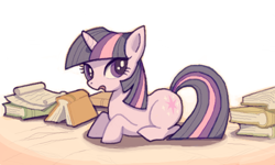 Size: 600x360 | Tagged: safe, artist:ezoisum, derpibooru import, twilight sparkle, book, cute, looking at you, open mouth, parchment, scroll, solo