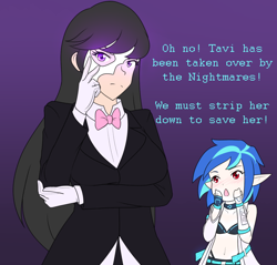 Size: 1280x1226 | Tagged: safe, artist:jonfawkes, dj pon-3, octavia melody, vinyl scratch, human, series:nightmare war, belly button, bowtie, clothes, corrupted, duo, evil, gloves, humanized, implied lesbian, implied scratchtavia, implied shipping, looking at you, mask, midriff, phantom of the opera, porn logic, possessed