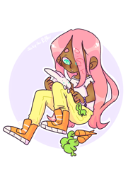 Size: 768x1024 | Tagged: safe, artist:jackytheripperart, angel bunny, fluttershy, human, beanbrows, bracelet, carrot, converse, cute, dark skin, eye clipping through hair, eyebrows, female, food, humanized, jewelry, shoes, shyabetes, sneakers