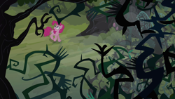 Size: 1280x720 | Tagged: safe, screencap, pinkie pie, earth pony, pony, too many pinkie pies, bird's eye view, brambles, everfree forest, female, forest, looking up, mare, solo, walking, worried