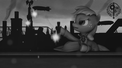 Size: 1920x1080 | Tagged: safe, artist:tonkano, applejack, earth pony, pony, fallout equestria, 3d, fanfic, fanfic art, female, hat, hooves, industry, mare, microphone, ministry mares, ministry of wartime technology, monochrome, propaganda, solo, source filmmaker, speech