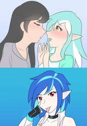 Size: 949x1382 | Tagged: safe, artist:jonfawkes, dj pon-3, lyra heartstrings, octavia melody, vinyl scratch, human, choker, clothes, elf ears, female, humanized, imminent kissing, lesbian, looking at you, octyra, shipping, simple background, tongue out