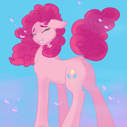 Size: 2000x2000 | Tagged: safe, artist:mylittlegodzilla, pinkie pie, earth pony, pony, eyes closed, female, mare, plot, raised tail, simple background, smiling, solo, tail