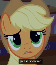 Size: 304x352 | Tagged: safe, screencap, applejack, earth pony, pony, look before you sleep, artifact, cropped, euthanasia, frown, kill me, lidded eyes, looking at you, meme, sad, solo, suicidal, text, youtube caption