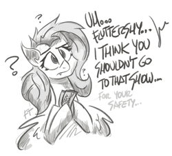 Size: 1867x1697 | Tagged: safe, artist:flutterthrash, fluttershy, bat pony, confused, dialogue, fangs, flutterbat, monochrome, offscreen character, ozzy osbourne, race swap, ticket