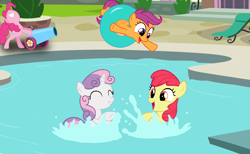 Size: 974x601 | Tagged: safe, artist:red4567, apple bloom, pinkie pie, scootaloo, sweetie belle, earth pony, pegasus, pony, unicorn, cutie mark crusaders, female, filly, inner tube, mare, open mouth, party cannon, pony cannonball, smiling, splashing, swimming pool