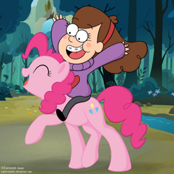 Size: 1500x1500 | Tagged: safe, artist:vampteen83, pinkie pie, earth pony, pony, crossover, duo, eyes closed, female, forest, gravity falls, happy, humans riding ponies, mabel pines, mare, open mouth, raised hoof, riding, xk-class end-of-the-world scenario