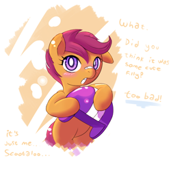 Size: 760x760 | Tagged: dead source, safe, artist:haute-claire, scootaloo, pegasus, pony, abstract background, bandaid, bipedal, blushing, cute, cutealoo, female, filly, helmet, it was me, scootalove, solo