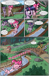 Size: 1750x2700 | Tagged: safe, artist:sirzi, derpibooru import, pinkie pie, twilight sparkle, oc, deer, original species, animal in mlp form, comic, deer oc, deerified, disguise, fawn, fordeer, grammar error, luggage, species swap, vitrung, water slide