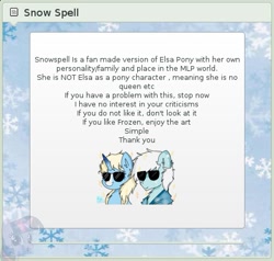 Size: 491x467 | Tagged: safe, oc, oc only, oc:snow spell, blatant lies, elsa, explanation, frozen (movie), jack frost, meta, rise of the guardians, seems legit, text, totally not elsa, when you see it