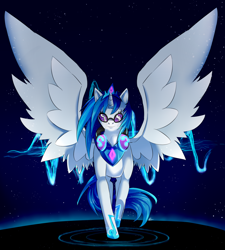 Size: 1600x1776 | Tagged: safe, artist:ars-daemonum, dj pon-3, vinyl scratch, alicorn, pony, alicornified, crown, headphones, large wings, race swap, solo, vinylcorn, watermark