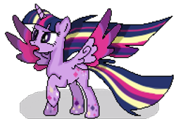 Size: 751x509 | Tagged: safe, artist:creepygamertip, derpibooru import, twilight sparkle, twilight sparkle (alicorn), alicorn, pony, open mouth, pixel art, rainbow power, raised hoof, solo