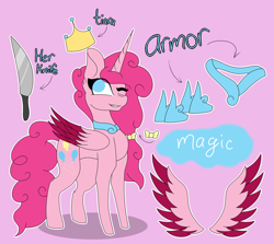 Size: 1024x914 | Tagged: safe, artist:tomboygirl45, pinkie pie, alicorn, pony, alicornified, jewelry, knife, one eye closed, pinkiecorn, race swap, reference sheet, regalia, royalty, two toned wings, wink, xk-class end-of-the-world scenario