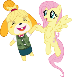 Size: 3000x3210 | Tagged: safe, artist:cloudyglow, fluttershy, anthro, dog, pegasus, pony, animal crossing, anthro with ponies, clothes, crossover, cute, duo, female, isabelle, mare, nintendo, shyabetes, simple background, transparent background, vector