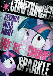 Size: 2480x3508 | Tagged: safe, artist:skeptic-mousey, derpibooru import, twilight sparkle, derp, panic, poster, typography