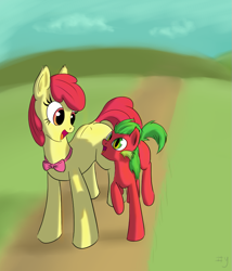 Size: 719x840 | Tagged: safe, artist:sharpy, apple bloom, oc, dracony, earth pony, hybrid, pony, bowtie, duo, female, foal, interspecies, interspecies offspring, looking at each other, male, mare, mother and child, mother and son, offspring, older, open mouth, parent and child, parent:apple bloom, parent:spike, parents:spikebloom, raised hoof, slit eyes, smiling