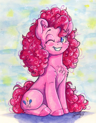 Size: 1388x1778 | Tagged: safe, artist:gaelledragons, pinkie pie, earth pony, pony, abstract background, chest fluff, cute, diapinkes, female, grin, looking at you, mare, one eye closed, sitting, smiling, smiling at you, solo, traditional art, watercolor painting, wink, winking at you