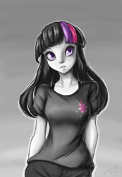 Size: 1036x1500 | Tagged: safe, artist:the-park, derpibooru import, twilight sparkle, human, clothes, grayscale, highlights, humanized, jeans, monochrome, pants, shirt, simple background, solo