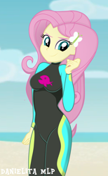 Size: 1024x1666 | Tagged: safe, artist:danielitamlp, fluttershy, better together, equestria girls, beach, clothes, female, ocean, sand, show accurate, smiling, smirk, solo, swimsuit, wetsuit