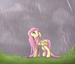 Size: 1601x1363 | Tagged: safe, artist:sinalaa, fluttershy, pegasus, pony, chest fluff, female, floppy ears, looking up, mare, profile, rain, solo, stray strand, wet mane, wings