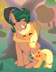 Size: 1004x1286 | Tagged: safe, artist:theapplebeauty, applejack, timber spruce, earth pony, pony, applespruce, crack shipping, equestria girls ponified, female, hug, male, ponified, shipping, straight