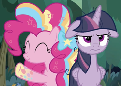 Size: 1830x1297 | Tagged: safe, screencap, mean twilight sparkle, pinkie pie, alicorn, earth pony, pony, the mean 6, annoyed, bow, clone, cropped, eyes closed, floppy ears, hair bow, rainbow power, smiling