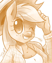 Size: 1500x1800 | Tagged: safe, artist:steffy-beff, applejack, anthro, clothes, cowboy hat, food, hat, one eye closed, shirt, smiling, stetson, straw in mouth, wheat, wink