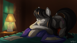 Size: 1280x726 | Tagged: safe, artist:vell221, octavia melody, earth pony, pony, lamp, prone, sleeping, solo