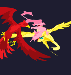 Size: 1152x1218 | Tagged: safe, artist:foldawaywings, fluttershy, bird, pegasus, pony, bird of prey, black background, duo, female, flying, mare, simple background, spread wings, wings