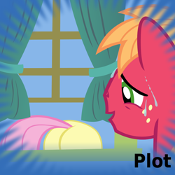 Size: 1024x1024 | Tagged: safe, artist:dtkraus, derpibooru import, big macintosh, fluttershy, earth pony, pegasus, pony, filli vanilli, ass up, derpibooru, flutterbutt, male, meta, official spoiler image, plot, smiling, spoilered image joke, stallion, sweat, the ass was fat, window