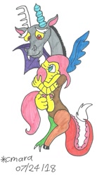 Size: 827x1495 | Tagged: safe, artist:cmara, discord, fluttershy, draconequus, pegasus, pony, female, male, mare, traditional art