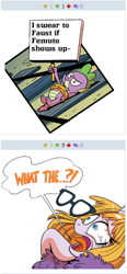 Size: 256x552 | Tagged: safe, idw, spike, dragon, spoiler:comic, spoiler:comicff19, derpibooru, exploitable meme, feather boa, juxtaposition, juxtaposition win, meme, meta, peril, rope, spike's rude sign, tied to tracks, tied up, train tracks