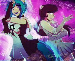 Size: 1404x1151 | Tagged: safe, artist:dawnrie, dj pon-3, octavia melody, vinyl scratch, human, anime, clothes, crossover, dress, eared humanization, female, fingerless gloves, gloves, horned humanization, humanized, lesbian, magical girl, sailor moon, sailor neptune, sailor uranus, scratchtavia, shipping, tailed humanization