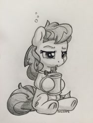 Size: 960x1280 | Tagged: safe, artist:bobdude0, octavia melody, earth pony, pony, bowtie, coffee, commission, cute, female, grumpy, hnnng, mare, monochrome, simple background, sitting, sketch, sleepy, solo, tired, traditional art