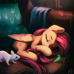 Size: 2000x2000 | Tagged: safe, artist:freeedon, artist:inowiseei, fluttershy, bird, mouse, pegasus, pony, collaboration, cute, daaaaaaaaaaaw, eyes closed, female, folded wings, mare, shyabetes, sleeping, smiling, sofa, solo