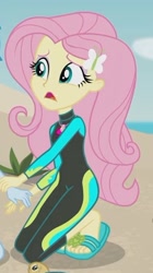 Size: 1175x2100 | Tagged: safe, screencap, fluttershy, aww... baby turtles, better together, equestria girls, beach, clothes, cropped, feet, flip-flops, heel pop, kneeling, sand, sandals, solo, squatting, swimsuit, wetsuit