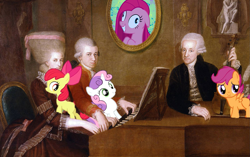 Size: 1509x945 | Tagged: safe, apple bloom, pinkie pie, scootaloo, sweetie belle, earth pony, human, pegasus, pony, unicorn, bow, female, filly, hair bow, harpsichord, leopold mozart, mare, maria anna mozart, mozart, pinkamena diane pie, powdered wig, violin, wig, wolfgang amadeus mozart