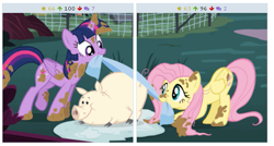 Size: 525x282 | Tagged: safe, derpibooru import, screencap, fluttershy, twilight sparkle, twilight sparkle (alicorn), alicorn, pegasus, pig, pony, castle sweet castle, derpibooru, juxtaposition, meta, mud, muddy