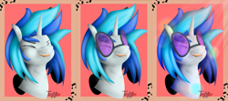 Size: 4835x2145 | Tagged: safe, artist:chibiteff, dj pon-3, vinyl scratch, pony, unicorn, absurd resolution, bust, eyes closed, female, horn, mare, music, music notes, open mouth, portrait, solo, sunglasses, teeth